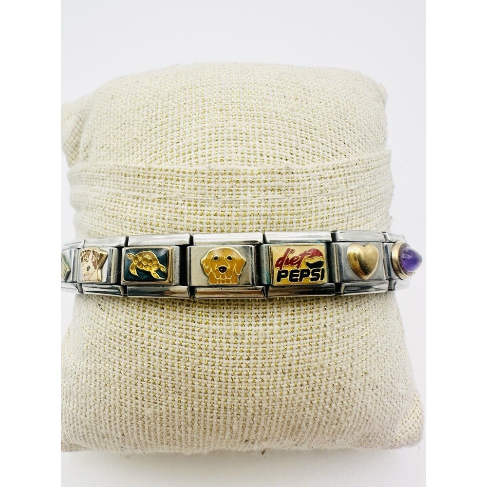 Vintage Italian Stainless Steel 18k Gold Assorted Charm Bracelet Amethyst 7.5”
